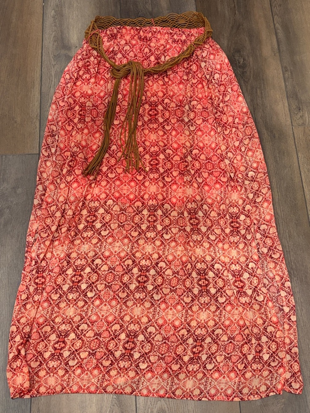 Faded Glory Red Patterned Maxi Skirt with Brown Braided Belt